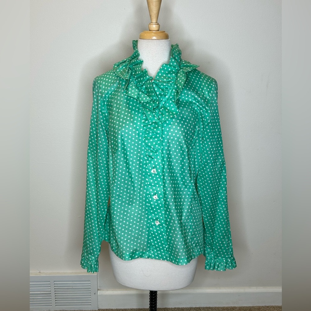 Vintage Algo Green Polka Dot Ruffle Blouse 12
